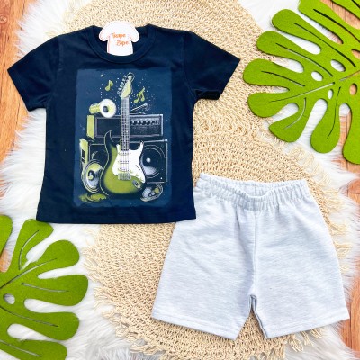 Conj. Camiseta Guitar Rock e Bermuda - Preto e Mescla